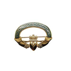 Tara Irish Claddagh Brooch Pin With Green Enamel Gold Tone Design